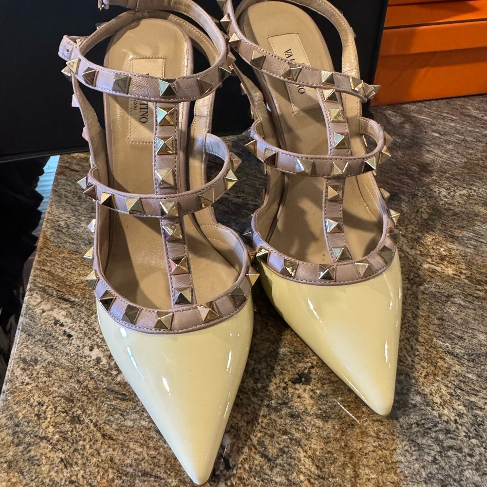 Valentino Beige and Cream Studded Heels